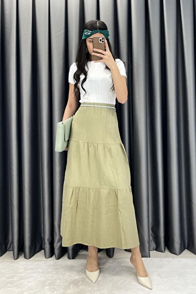 LEVURE Elastic Waistband Detail Skirt - Khaki Khaki