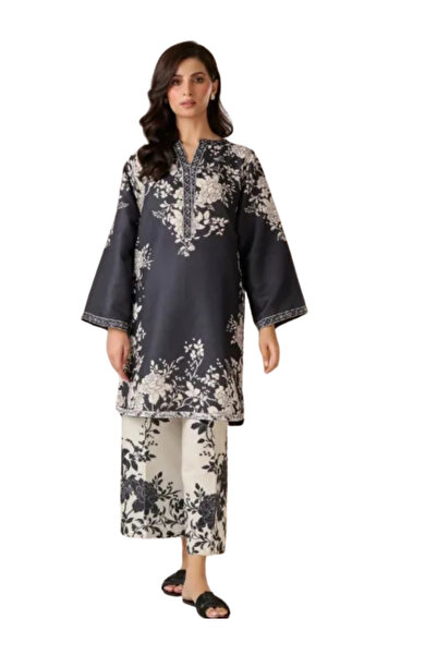 MYSMAR Black Cambric Cotton Top Bottom & Dupatta - AFK1033 | Black