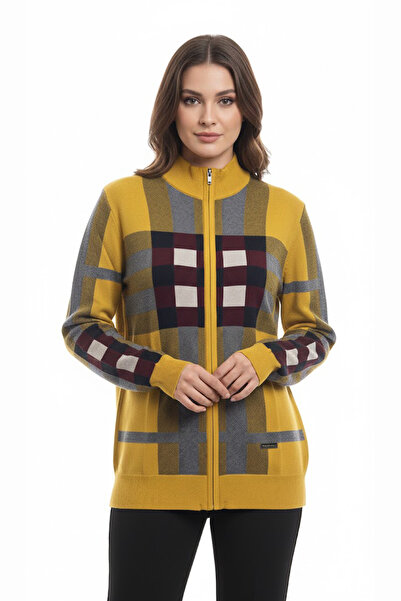 ASMİN Kadın Hardal Ekose Desenli Tam Fermuarlı Dik Yaka Triko Hırka & Kazak