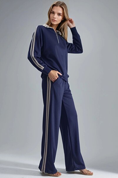 Hiccup Modal Textured Zippered Collar Striped Wide Leg Two-Piece Suit Berşan ...