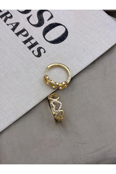 Hedef Bijuteri Gold Color Zircon Stone Three Heart Detailed Hoop Earrings Cm144