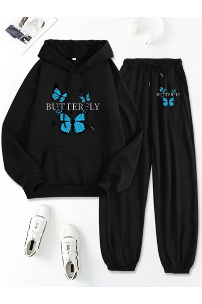 Massgai Unisex Butterfly Kelebek Printed Hooded Oversized Bottom-Top Set Jogg...