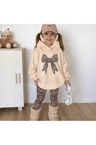 Amigo Girls' khaki hoodie and leggings set with Printed and bow