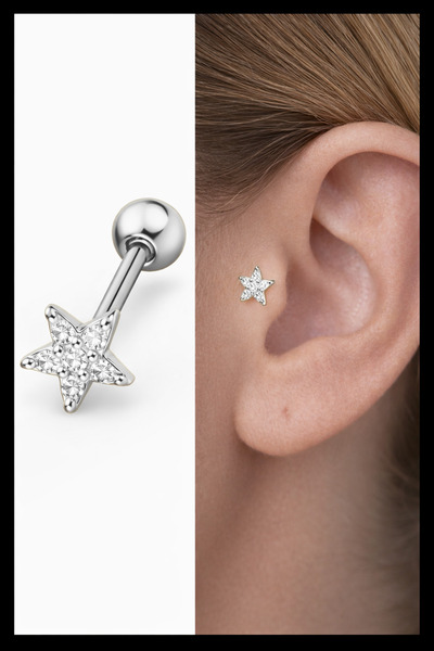 MAZEN Yıldız Taşlı Tragus Piercing | 316L Cerrahi Çelik | Gümüş Renk | 1 Adet
