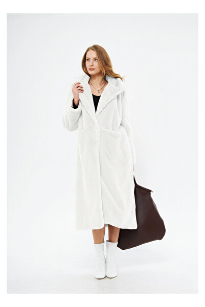 NEW JOURNAL Women's Ecru Hooded Long Plush Fur Coat Ayr846