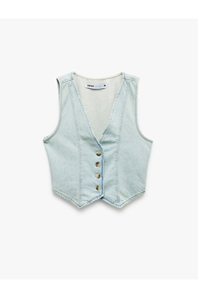 Koton Buttoned V-Neck Buttoned Cotton Denim Vest