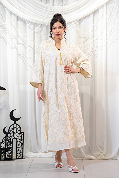 Hasnaa Abaya Off-white Ramadan jalabiya with luxurious copper embroidery
