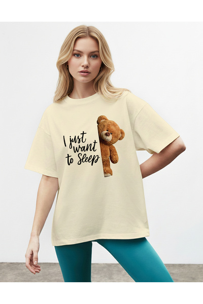 caddekombin Women's Just Want Printed Crew Neck Beige T-Shirt