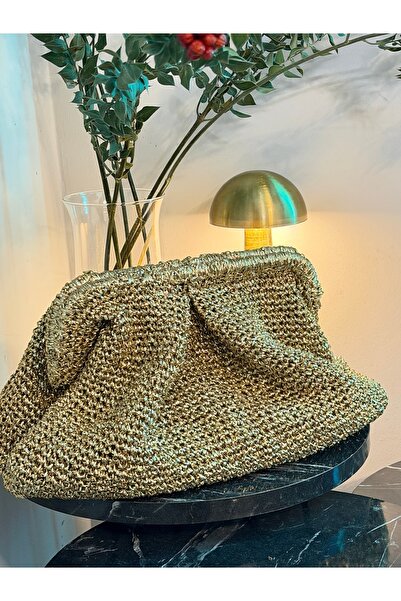 MODA Simli Gold Örgü Clutch Çanta – Astarlı El Çantası
