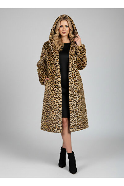 NEW JOURNAL Kadın Camel-Siyah Leopar Kapüşonlu Uzun Peluş Kürk AYR799