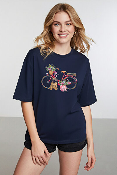 caddekombin Women's Pug Graphic Printed Round Neck Navy Blue T-Shirt