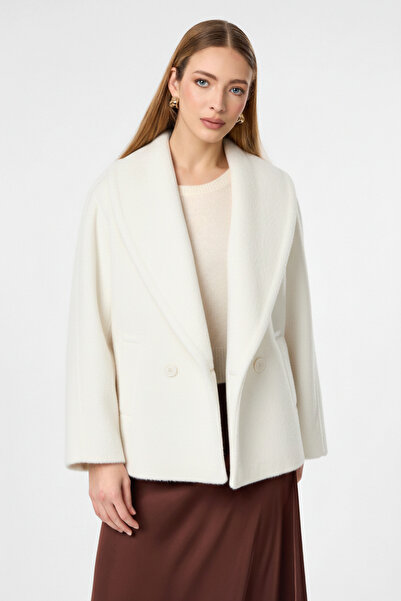 NEW JOURNAL Women's Ecru Shawl Collar Thai Feather Coat Ayr2257