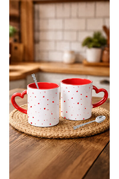 Arzande Sevgililer Gününe Özel Kaşık Hediyeli Kırmızı Kalp Kulplu 2 Adet Pors...