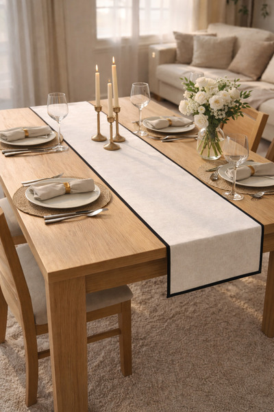 ŞAH TEXTILE DESIGN Siyah biye detay organik yıkanmış premium keten runner 40x110