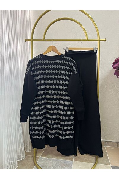 PALME D'OR Women's Silvery Square Patterned Knitwear Trouser Set