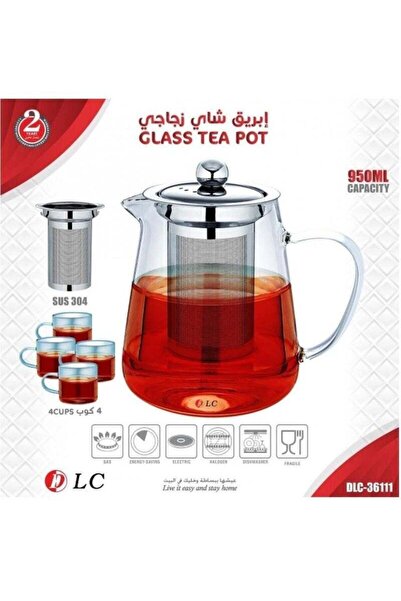 LC طقم أباريق شاي زجاجية سعة 950 مل مع 4 أكواب ومصفاة قابلة للإزالة