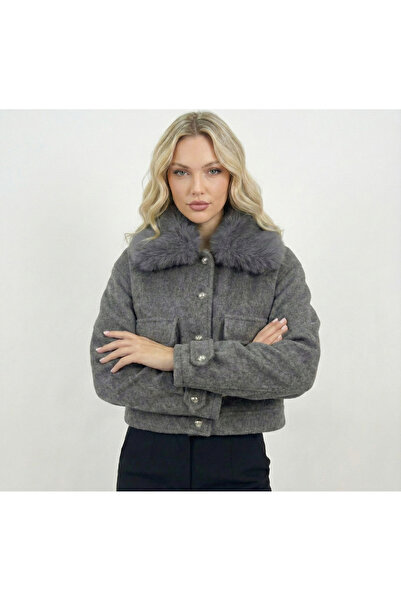 NEW JOURNAL Kadın Antrasit Kürk Yakalı Önü Cepli Kaşe Ceket AYR2011