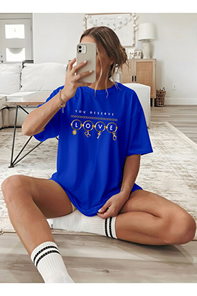 caddekombin Women's Gold Detailed Love Written Crew Neck Cobalt Blue T-Shirt