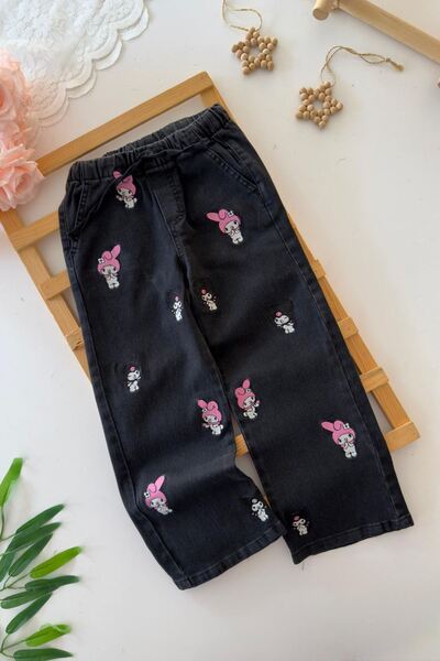 Minigimin Cicileri My Little One's Cicileri Krm Embroidered Girls' Jeans - Black