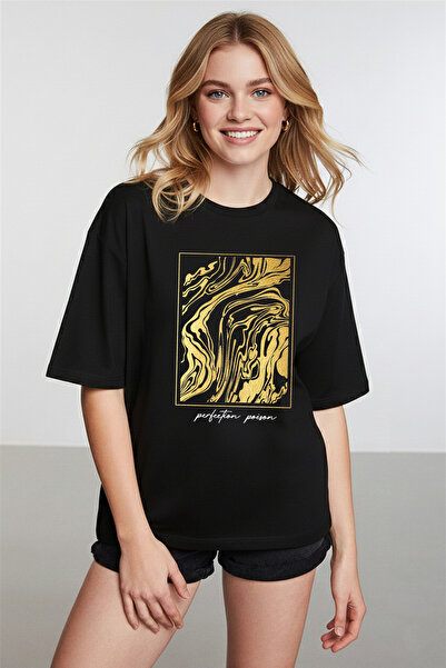 caddekombin Figură de damă aurie cu imprimeu cu gât rotund, negru tricou