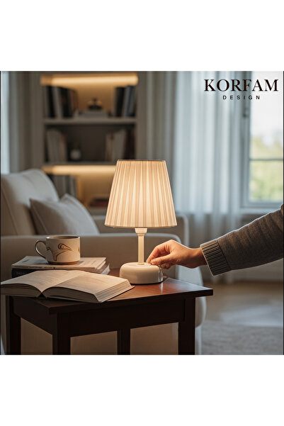 KorFam Beyaz Keten Kumaş Pilli Masa & Gece Lambası