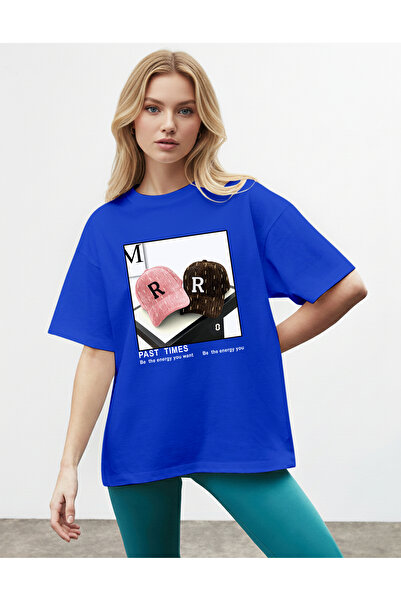 caddekombin Women's Retro Hat Printed Round Neck Cobalt Blue T-Shirt