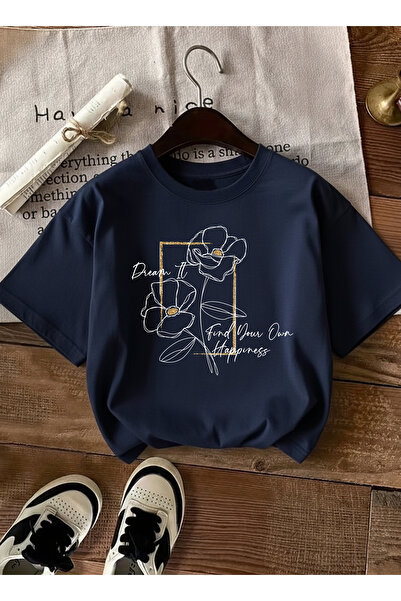 caddekombin Women's Floral Graphic Printed Crew Neck Navy Blue T-Shirt