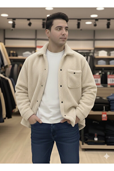 ATKGİYİM – Men's Cream Black and White Extra Loose Cut (Oversized) Plush Jack...