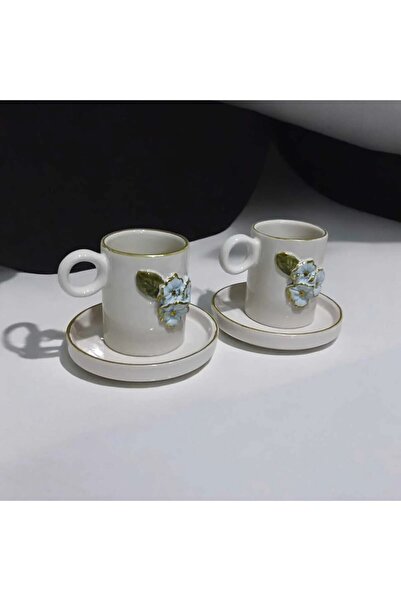 Dİ TAZZA Handmade 2-Person 4-Piece Blue Floral 110 ml Coffee Cup