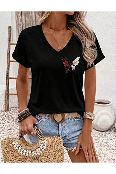 FUFLUNS تي شيرت نسائي كبير الحجم برقبة على شكل حرف V مطبوع عليه زهرة الفراشة