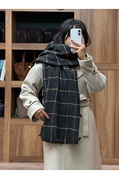 VAZIRADK وشاح أسود منقوش باللون الأصفر مع شراشيب