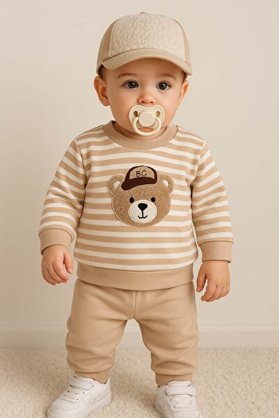 KapsülBebek 2-Piece Baby Tracksuit Set – Striped Teddy Bear Embroidery