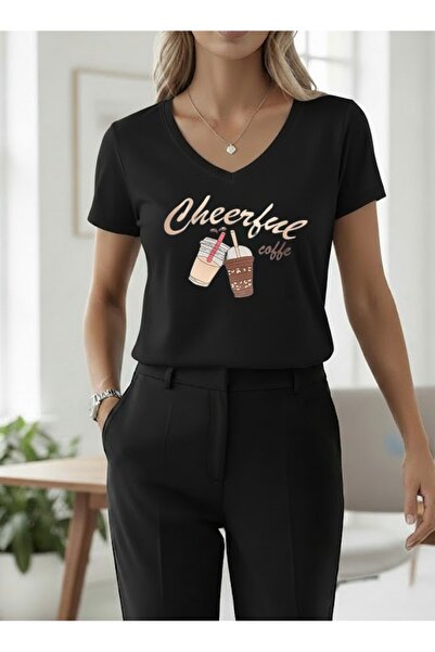 FUFLUNS تي شيرت نسائي كبير الحجم برقبة على شكل حرف V مطبوع عليه قهوة مبهجة