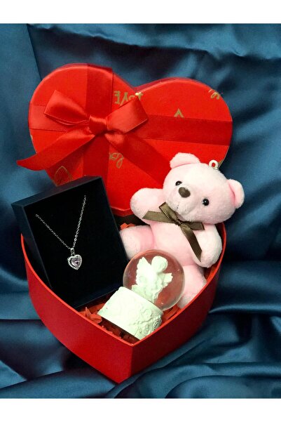 Generic Sevgiliye Hediye Seti- Kalp kutuda ayıcık, Melek kar küresi, kalp kolye