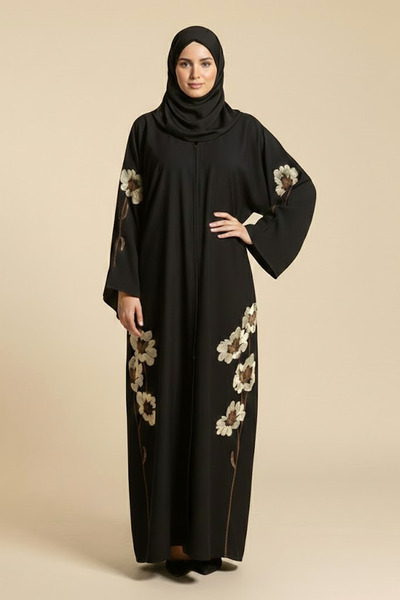 Muchmy Women's Black Abaya With Gold Floral Embroidery Long Sleeve Button Clo...