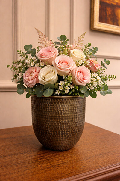 Acarya Design Dekoratif Eskitme Gold Metal Saksı / Vazo