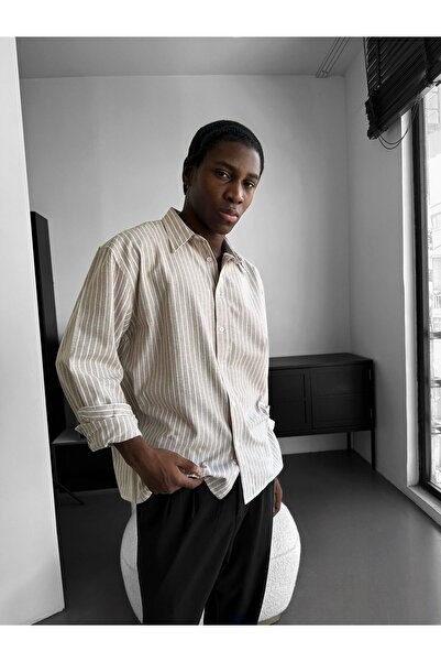 elkumoda Men's Oversized Striped Shirt Linen Blend Comfortable Fit Long Sleev...