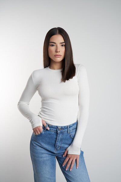 citycenterfashion Women's Ribana Fabric Crew Neck Basic Blouse Cty-Abr-3843