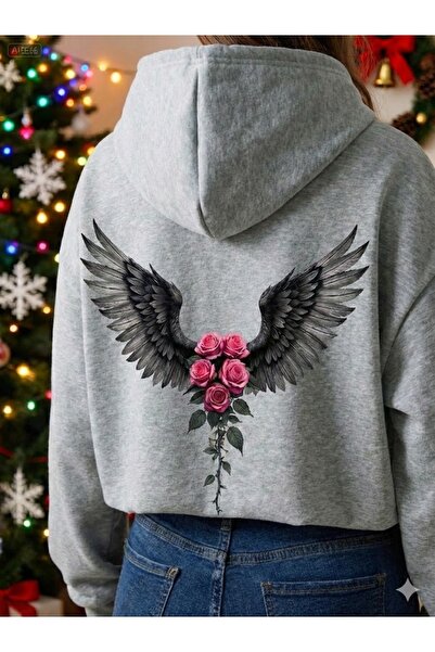 PENTHİLUS Oversized Unisex Hooded Sweatshirt, Black Wings and Pink Rose Detai...