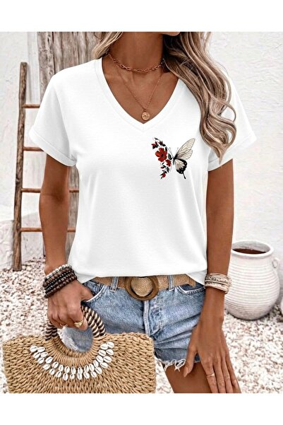 FUFLUNS تي شيرت نسائي كبير الحجم برقبة على شكل حرف V مطبوع عليه زهرة الفراشة