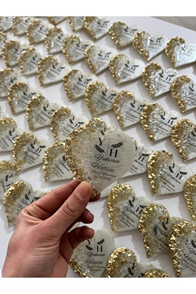 HOBİ Kalpli Gold Epoksi Magnet-Söz,Nikah,Düğün Hediyelik-40 Adet