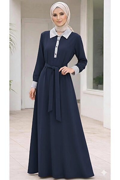 ERVA Kadın Tesettür Elbise Uzun Kuşaklı Hakim Yaka Şık Elbise
