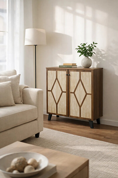 MARIA HOMES Brown and Beige Shoe Cabinet with Geometric Door Design 80 x 32 x...