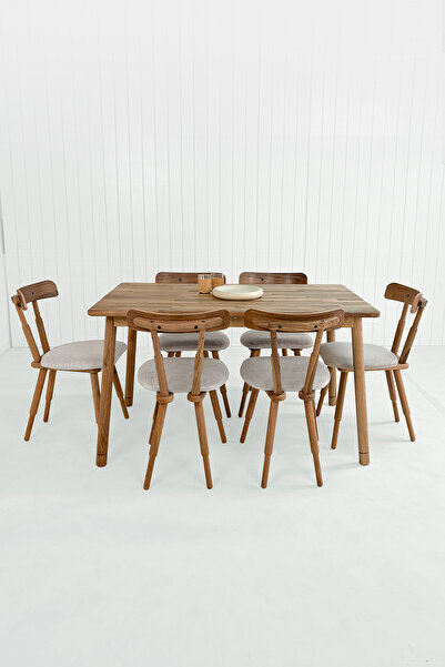 unboxdeco Alaçatı 6 Kişilik Masif Ceviz Ahşap Masa Takımı, 6 Adet Nesrin Sand...