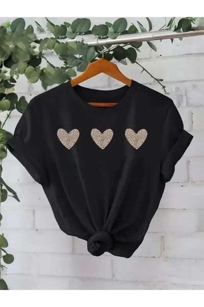 FUFLUNS تي شيرت نسائي كبير الحجم مطبوع عليه قلوب متجاورة برقبة دائرية