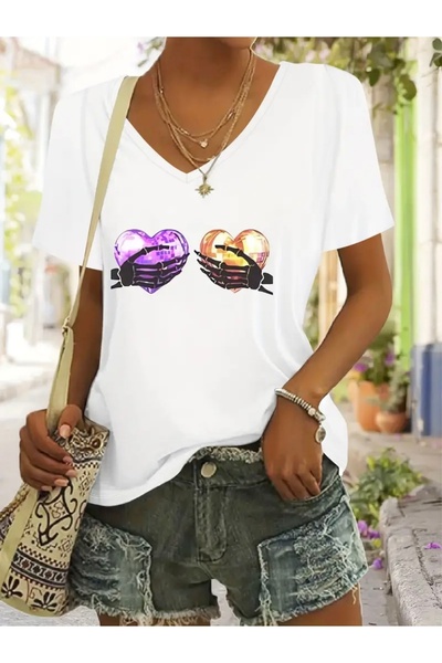 FUFLUNS تي شيرت نسائي كبير الحجم مطبوع عليه قلب هيكل عظمي برقبة على شكل حرف V