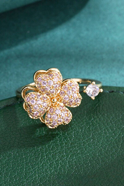 Parantez Aksesuar Heart Leaf Detailed Zircon Stone Clover Rotating Ring