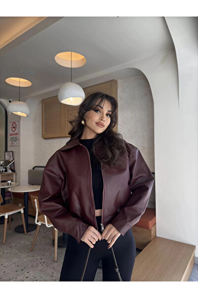 MetuCA Women's Plum Shirt Collar Oversized Off Shoulder Vegan Leather Coat Ja...