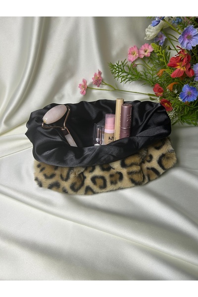 MELSEA Peluş Makyaj Çantası Leopar Organizer Seyahat Çantası