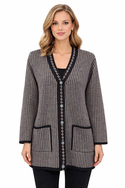 Uludağ Triko Women's Black Mink Houndstooth Patterned Buttoned Pocketed V-Nec...